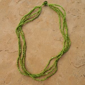 Green Seed Beaded Multi 3 Strand Boho Hippie Layering Necklace Button Closure